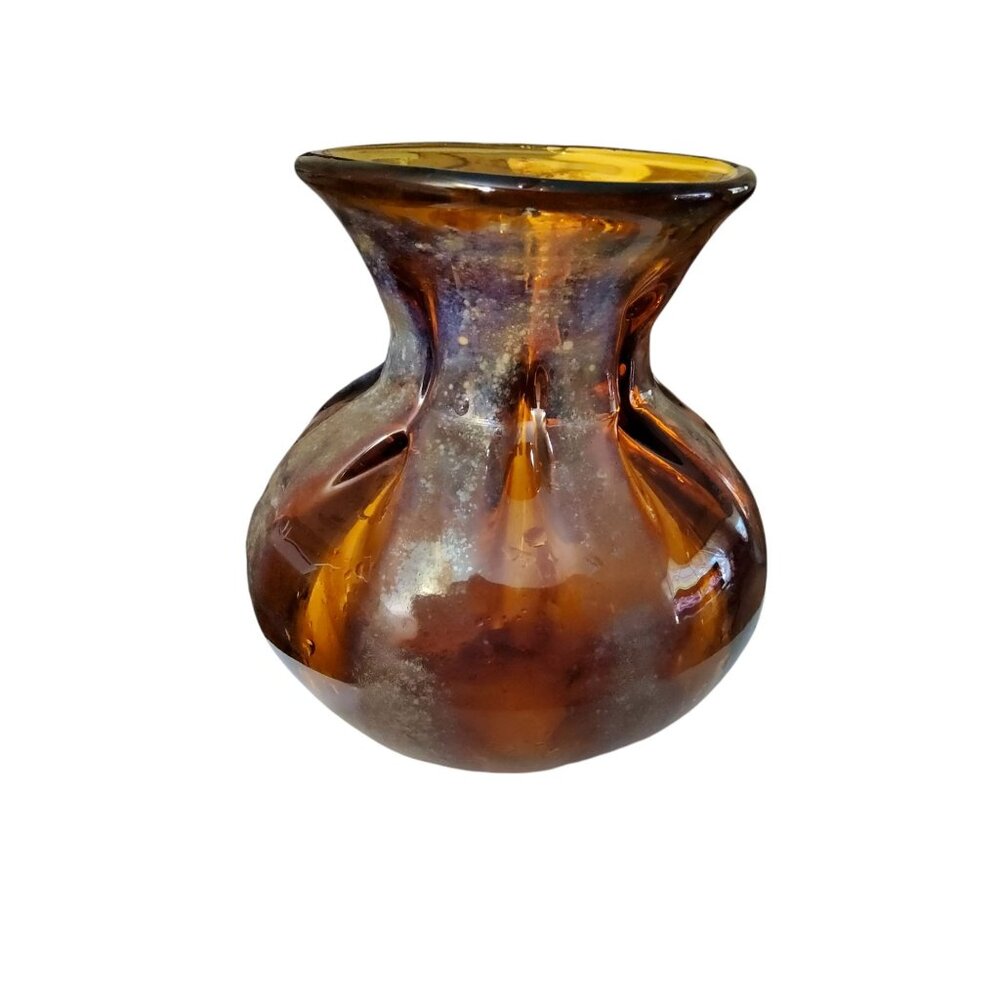 Vintage 1960's Art Glass Speckled Striped Amber Bulb Vase. 8"H X 7"W Center 5"W